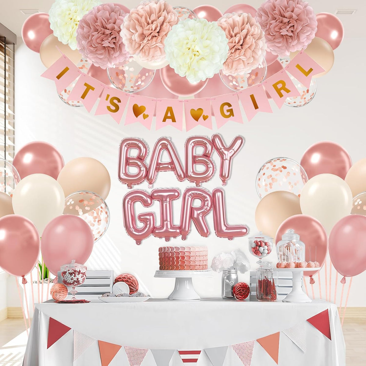 Pink Baby Shower Decorations with Ivory Paper Pom Poms