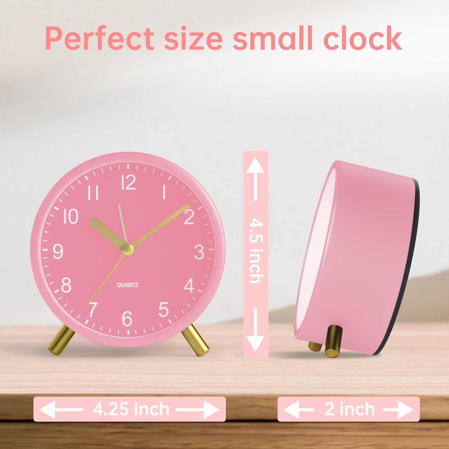 Analog Alarm Clock, 4 inch Super Silent Non Ticking Small Clock with Night Light, Battery Operated, Simple Design, Easy Setting for Office, Bedroom, Bedside, Desk, Teens, Elders, Adult, Pink