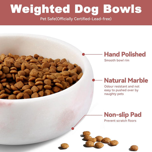 Marble Dog Bowl, 5lbs Weighted Dog Food Bowl, Non-Slip Large Heavy Water Bowls, Cute Pink Stone Food and Water Dish for Medium Dogs, Natural Marble, Easy to Clean, Holds 4 Cups