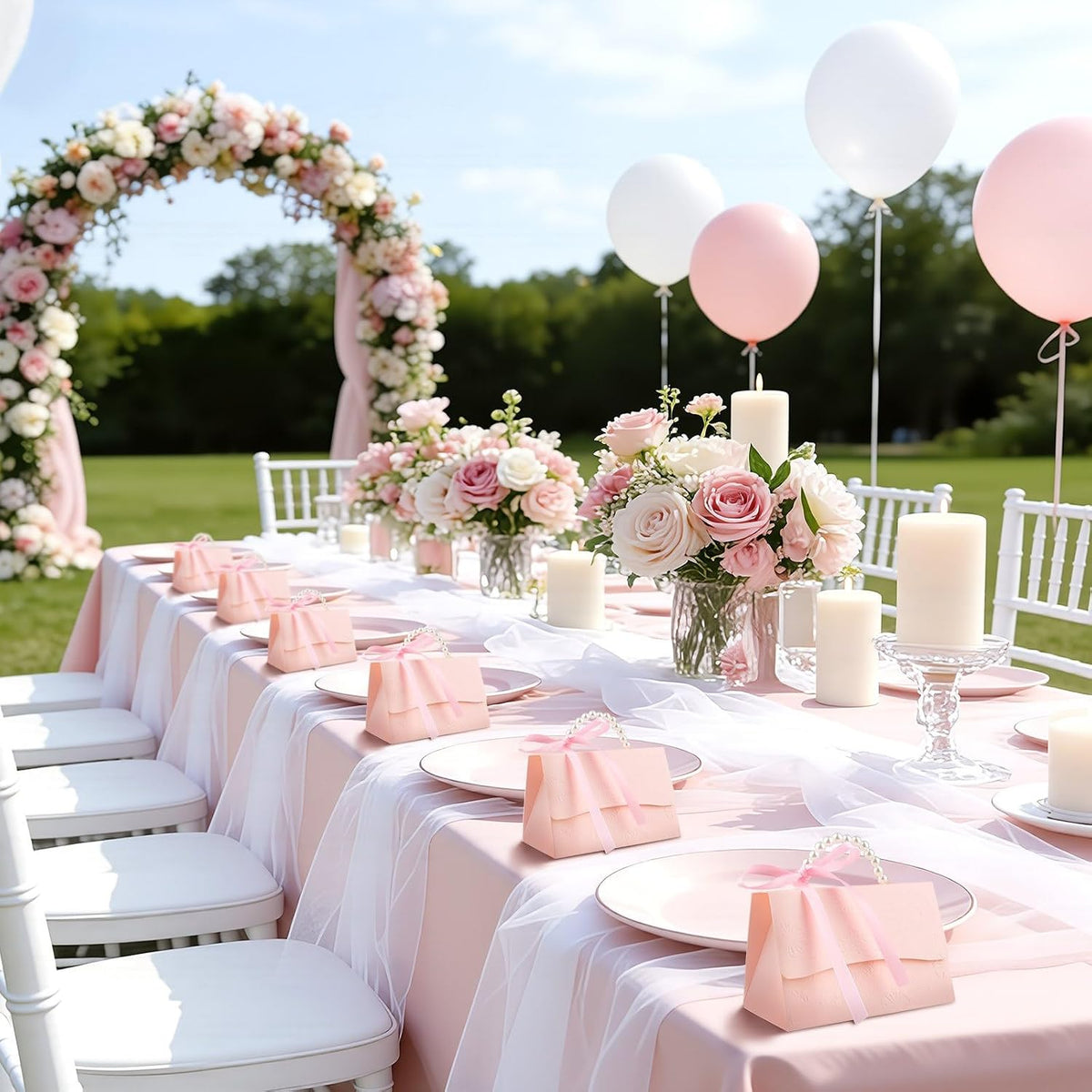 24Pcs Pink Pearl Paper Gift Boxes, Elegant Candy Favor Boxes with Ribbon for Wedding, Bridal Shower, Birthday, Baby Shower 5.12"x3.35"x2.95"