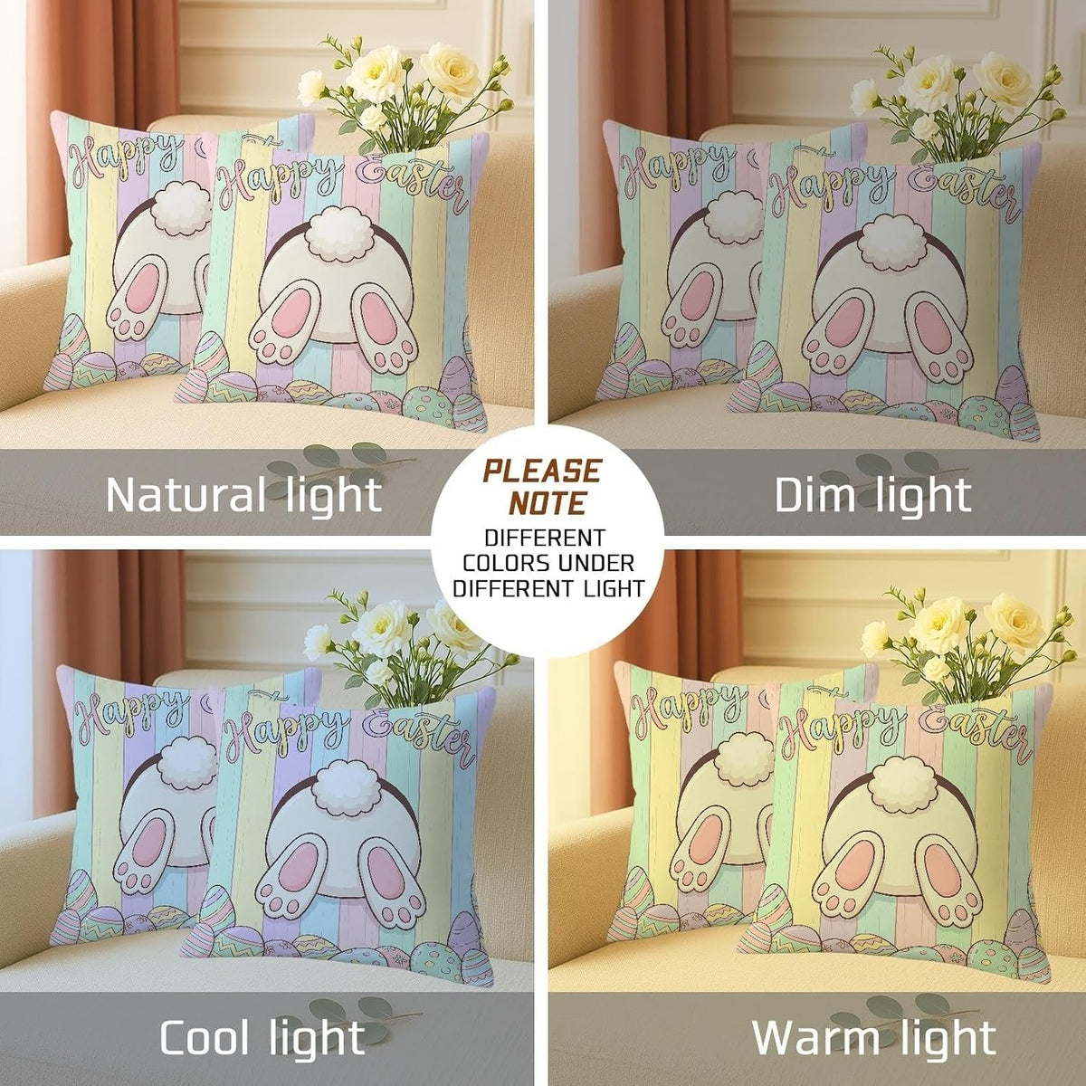 Bunny Throw Pillow Covers Set of 2, Spring Playful Easter Eggs Wooden Stripes Easter Pastel Peach with Hidden Zipper Pattern Pillow Covers for Living Room Bedroom Loft Office Car Decor 14x14 Inch
