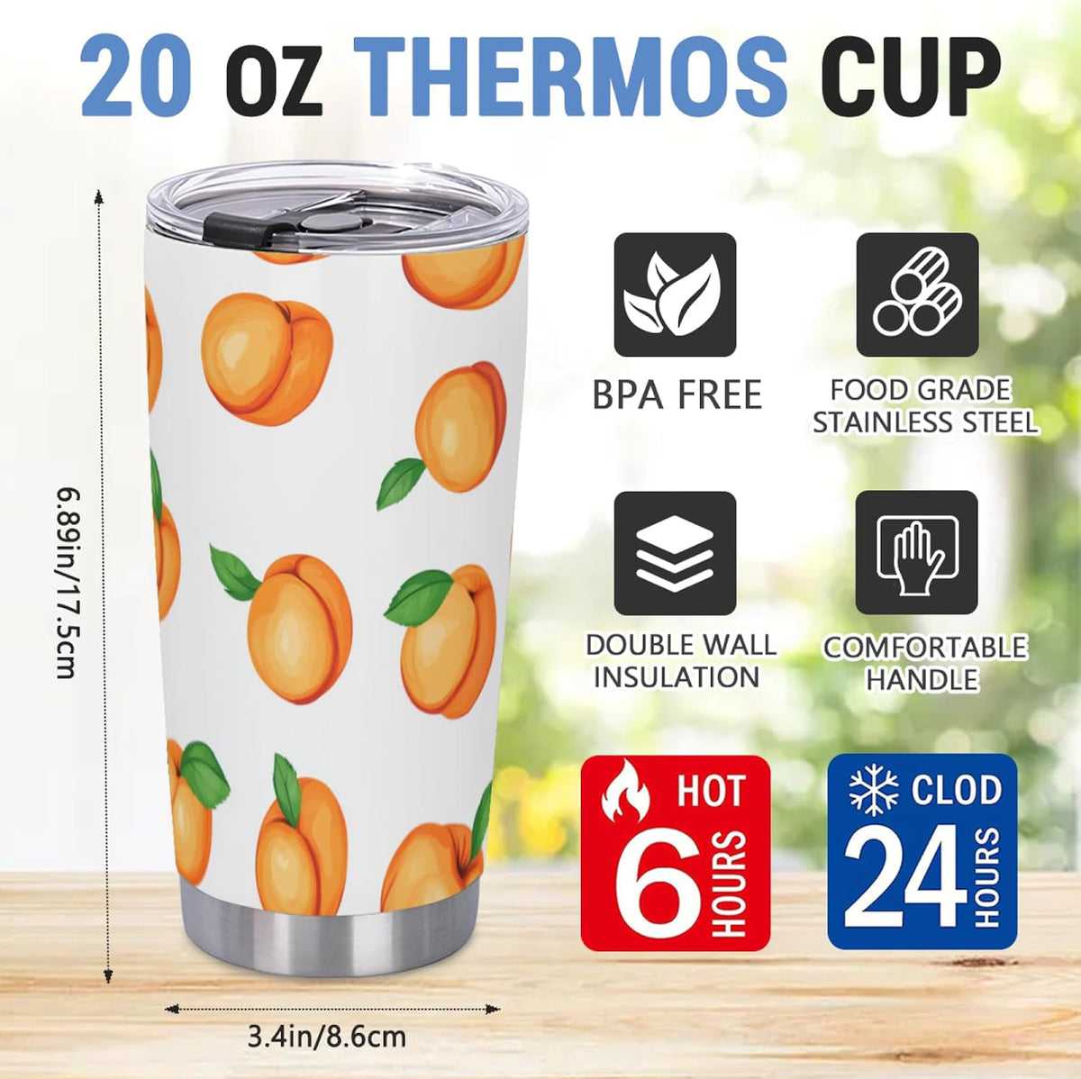 Watercolor Peach 20oz Tumbler with Lid and Straw Insulated Coffee Mug Stainless Steel Travel Cups for Women Men