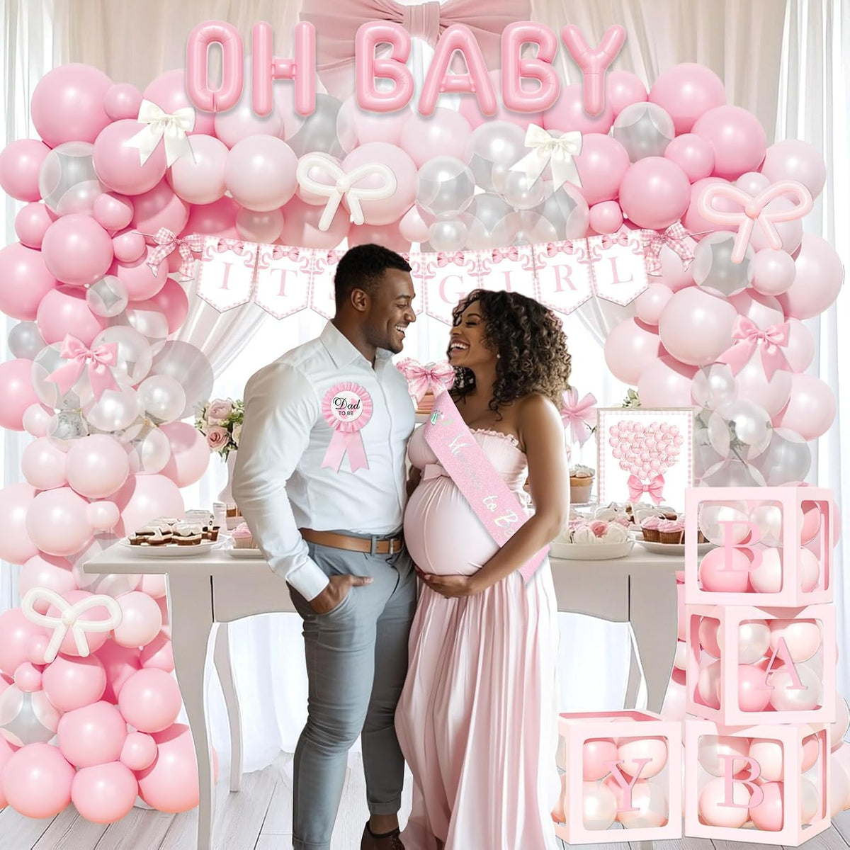 Pink Bow Baby Shower Decorations - 132 PCs Coquette Baby Shower Supplies with Balloon Garland, Backdrop, Cake Topper, Tablecloth, Boxes, Badge, Sash for Girls Pink Themed Party