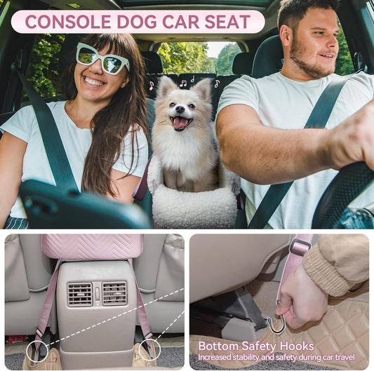 Cat Car Seat, Portable Console Dog Car Seat with Safe Protective Hooks, Luxury Pet Car Seat Includes Safety Leash and Storage Pocket for Pets Up to 9 lbs (Pink)