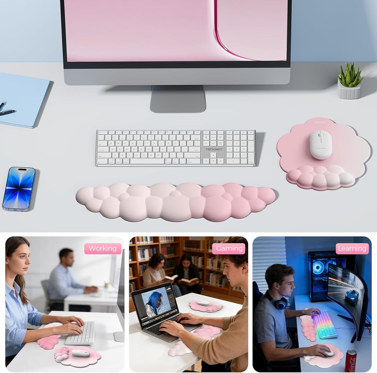 Cloud Wrist Rest & Ergonomic Mouse Pad, Cloud Keyboard Wrist Rest with Non-Slip Base, PU Leather Memory Foam Wrist Pad for Keyboard and Mouse, Pain Relief for Typing, Gaming, Pink