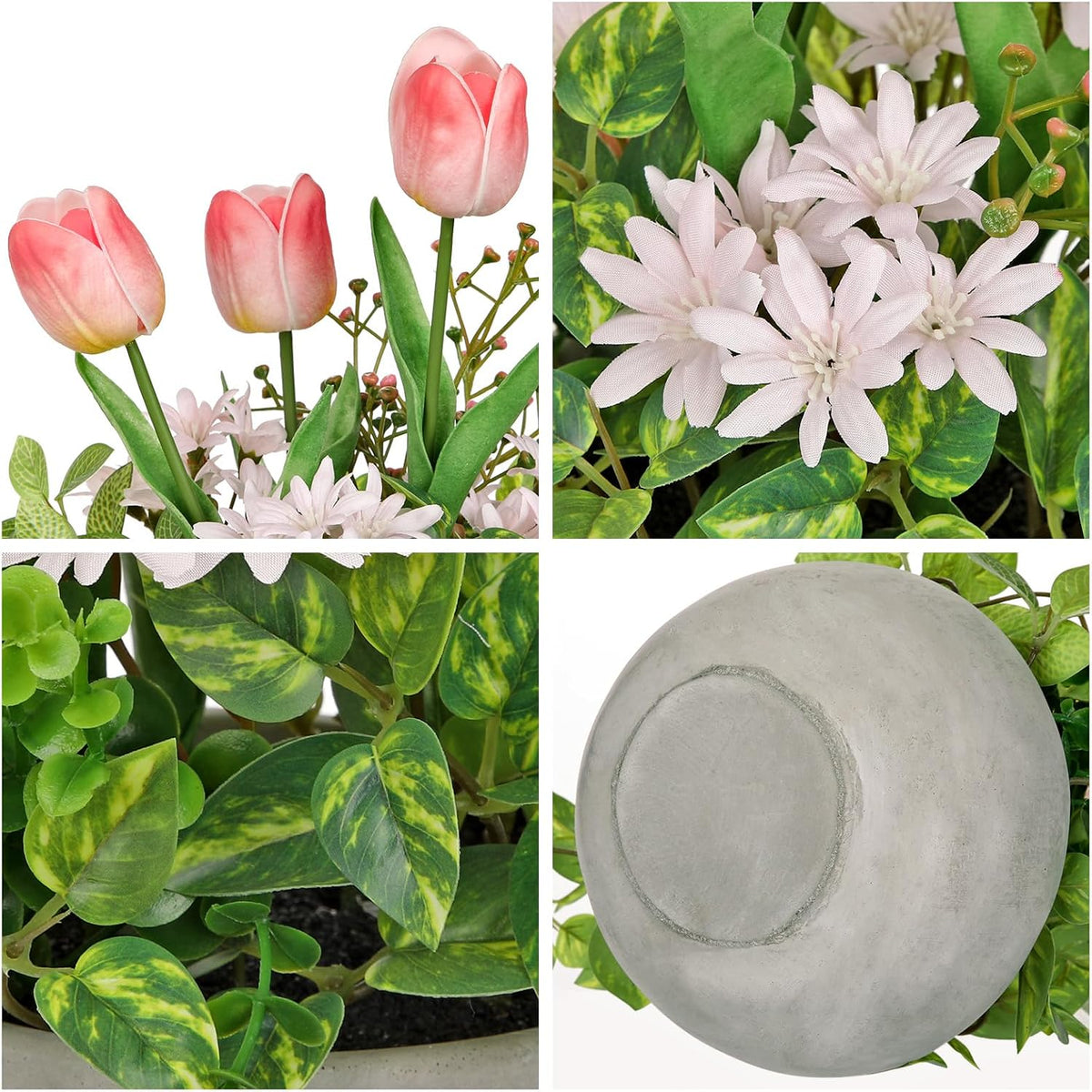 Flower Centerpieces 10.6" Artificial Plants & Flowers in Pot Mixed Artificial Tulip with Pink Flowers Green Plant, Realistic Farmhouse Flowers Arrangements for Table Office Desk Kitchen Home Decor