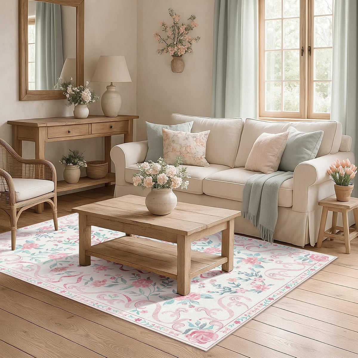 3'x5' Washable Pink Area Rug Floral Bow Small Rug with Rubber Back