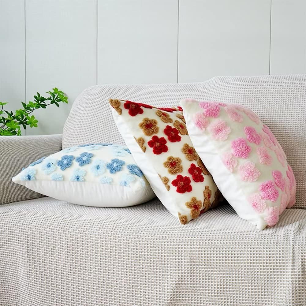 Pink Floral Throw Pillow Covers 18x18 Inch Set of 2, Flower Jacquard Farmhouse Decorative Faux Fur Cushion Cases for Sofa Bedroom Living Room Home Decor Pink x2
