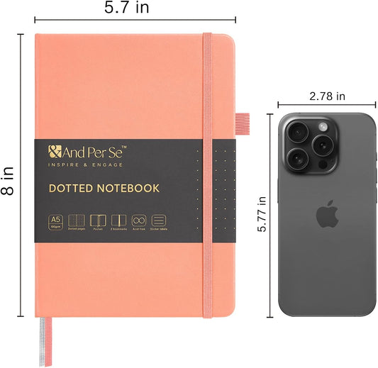 & Dotted Journal Notebook, A5 Hardcover Aesthetic Dotted Notebook – 160 Pages 100gsm Thick Dot Grid Paper, 3 Sticker Sheets – Gift-Ready Journaling Kit for Women (Peach Pink)