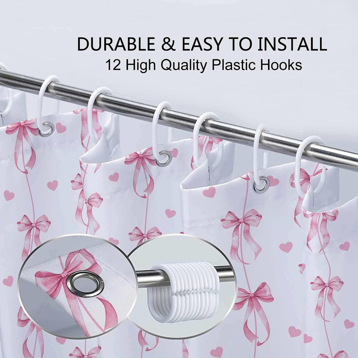 Pink Bow Shower Curtain, Cute Aesthetic Bowknot for Teens Girls Aabstract Shower Curtain Set, Princess Style Girly Fairy Tale Theme Bath Curtain Decor with Hooks, 72X72IN