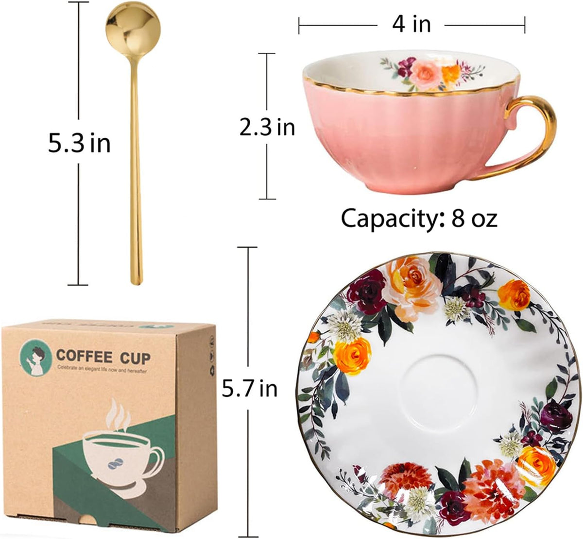 Pink Tea Cup and Saucer Set for 1 Bone China English Tea Cup, 8 oz