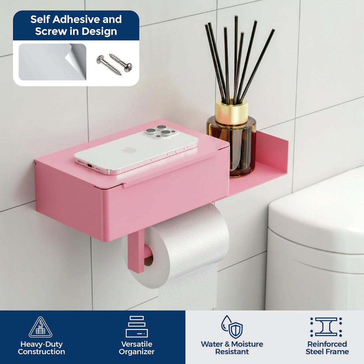 Pink Toilet Paper Holder with Shelf & Storage – Wall Mount Adhesive or Screw Installation – Wipes Dispenser and Phone Shelf – Modern Toilet Roll Holder for Bathroom – Pink Bathroom Decor Accent