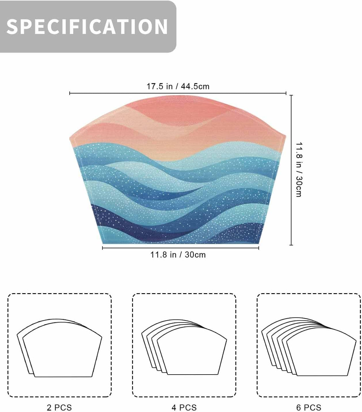 Round Table Placemats Set of 4, Blue Peach Layered Ocean Waves Wedge Table Mat Washable Placemat, Gradient Striped Fan Shape Place Mats for Kitchen Indoor Outdoor