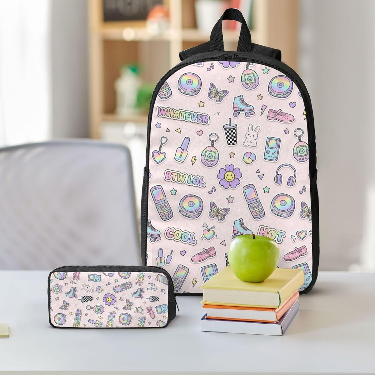 Y2K Pastel Sticker Flip Phone Roller Skate Butterfly Light Pink Seamless Pattern 17 Inch 3Pcs Backpack Set, 600D Oxford Cloth Travel Backpack, Insulated Lunch Bag & Pencil Pouch