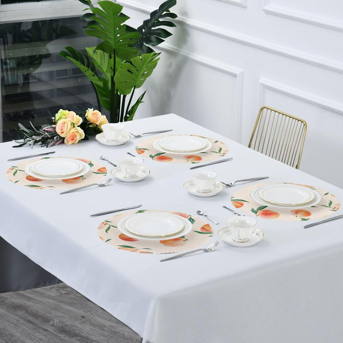 Round Placemats Set Peach Pattern 4 Pcs Fabric Table Mats for Dining Table