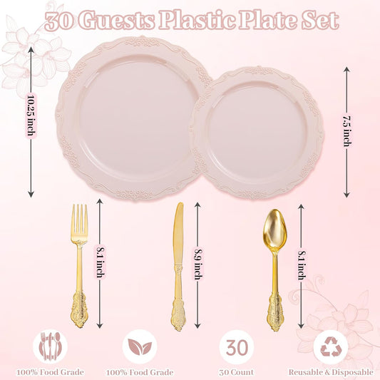 DaYammi 150Pcs Pink Plastic Plates & Gold Plastic Silverware Set for Party