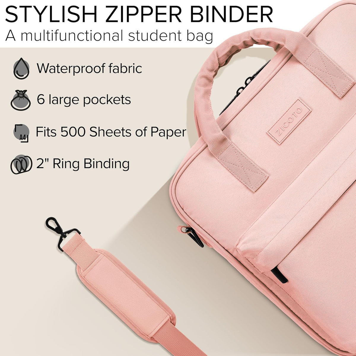 Sturdy 3 Ring Zipper Binder with Shoulder Strap for School - 2 Inch Zip Up
