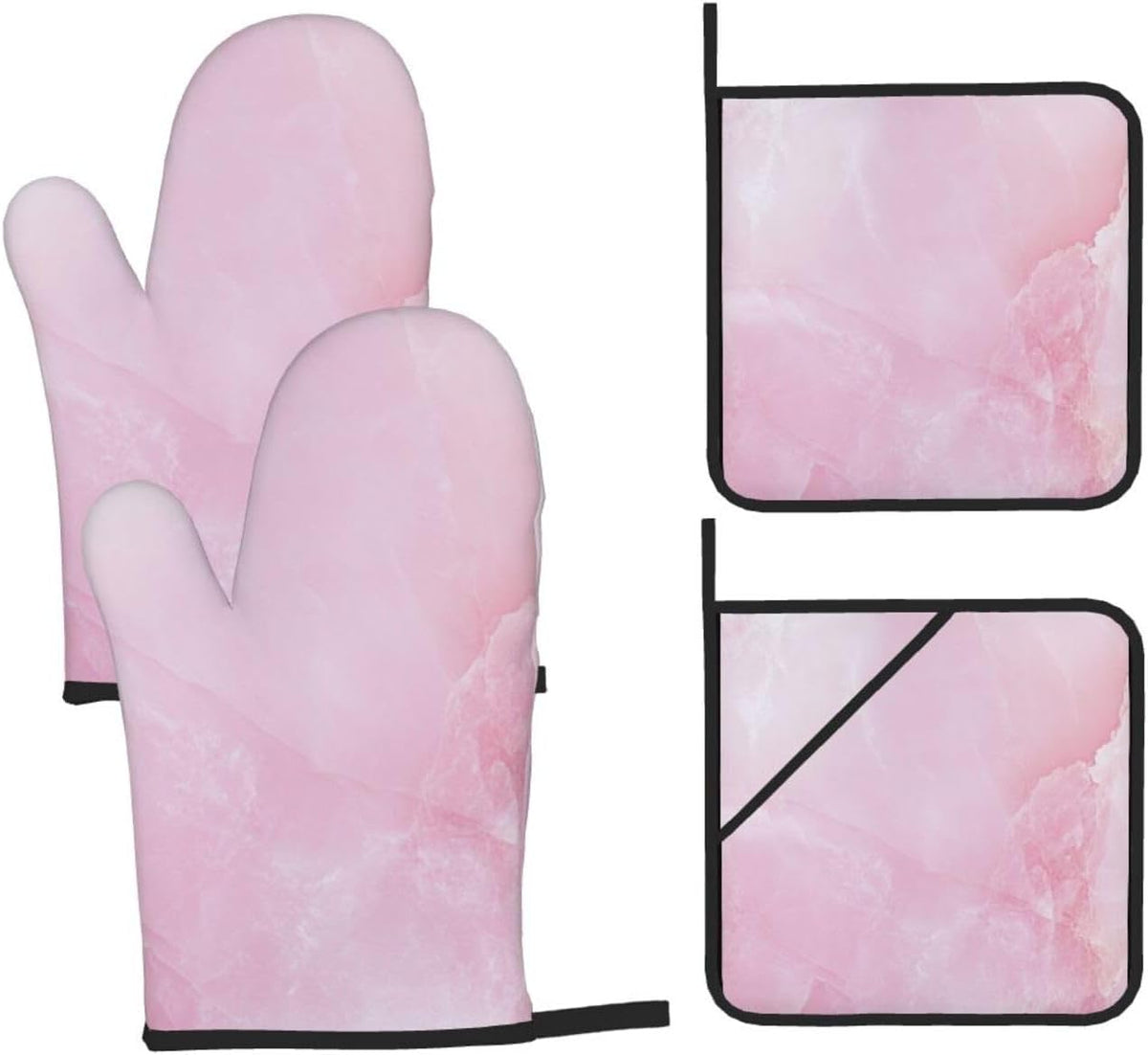 Oven Mitts and Pot Holders Set Marble Light Pink Abstract Heat Resistant Kitchen Gloves 2 Oven Mitts and 2 Pot Holders for Cooking Baking BBQ