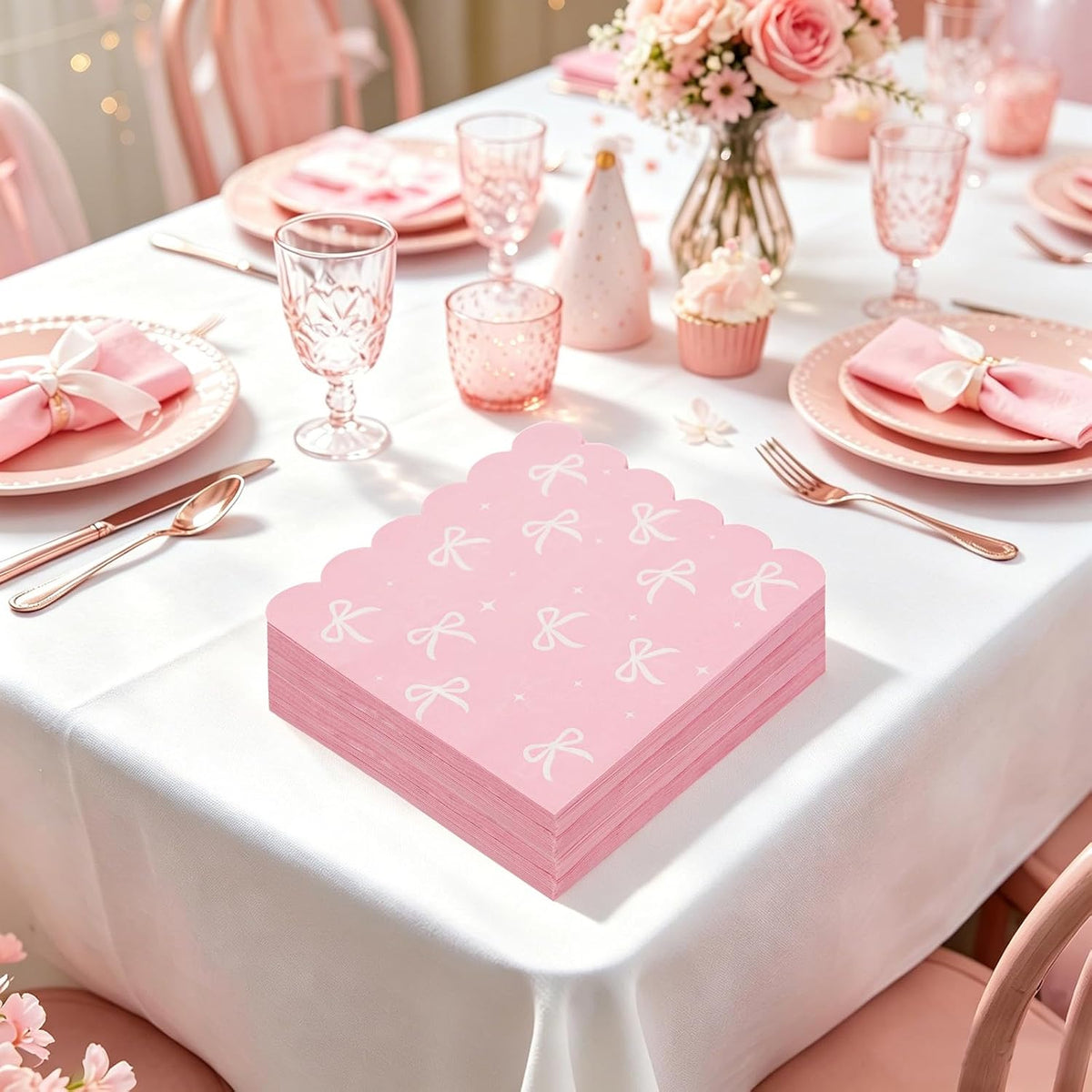 50 Pack Baby Shower Pink Bow Napkins Bulk, 2 Style Coquette Bow Disposable Soft Paper Napkins with Scalloped Edge, Bow Party Supplies for Bridal Shower Tea Birthday Party Table Decor