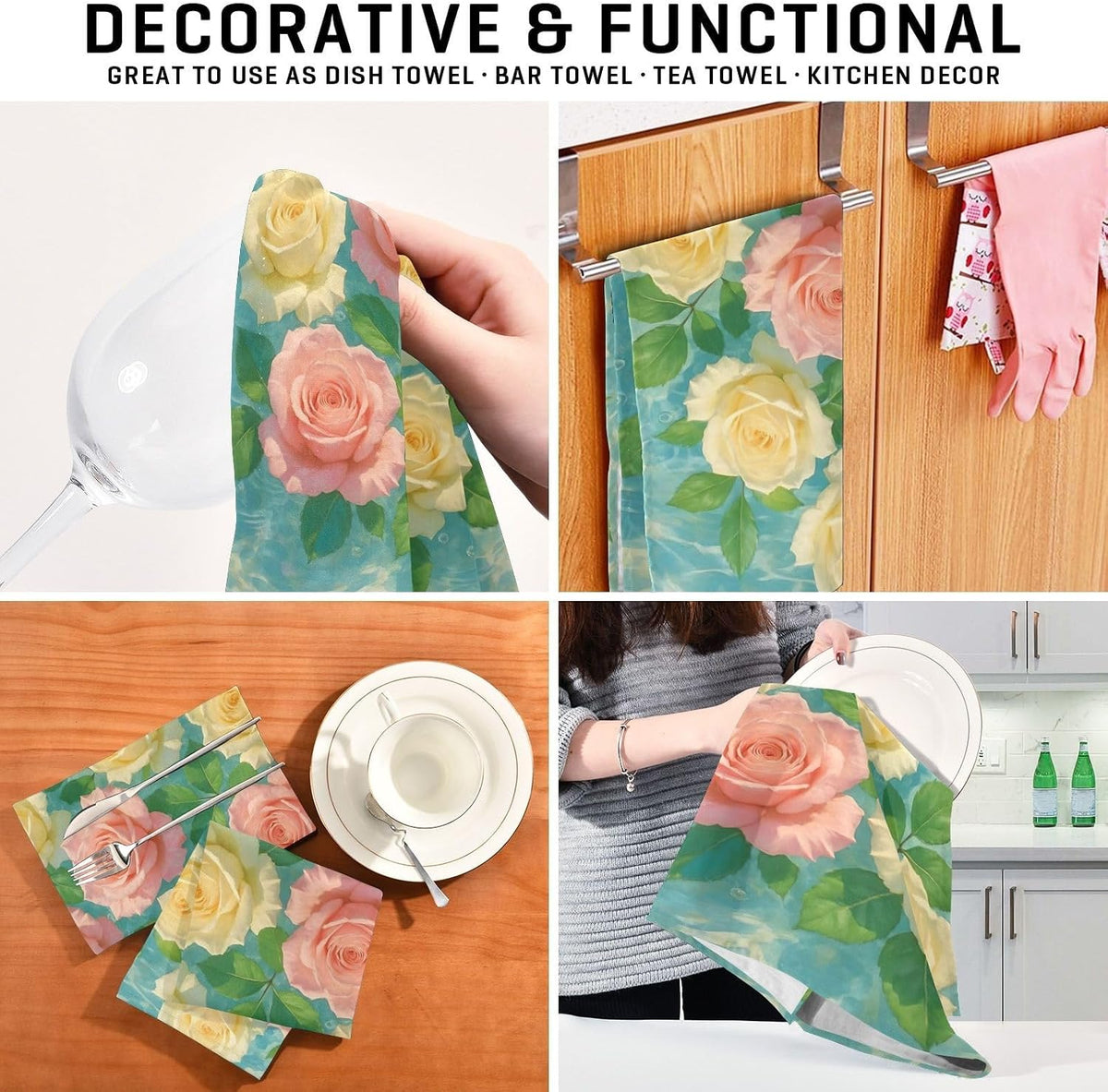 Pastel Pink Cream Roses Kitchen Dish Towel Set Decorative Tea Hand Towel Cute Cleaning Cloth Absorbent Soft 18 x 28 Inch, 4 Packs