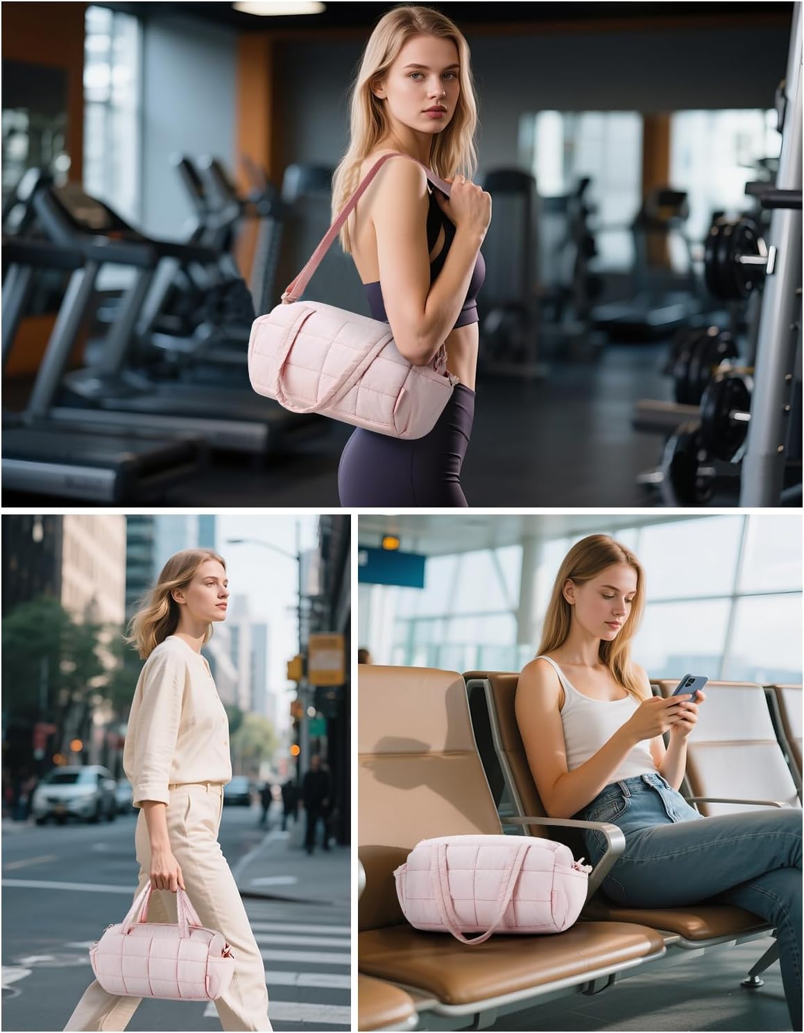 12 Inch Mini Gym Bag for Women, Lightweight Quilted Crossbody Duffle Bag with Wet Pocket, Dual Side Pockets, Adjustable Strap, Small Workout Bag for Yoga, Pilates, Swimming & Daily Use