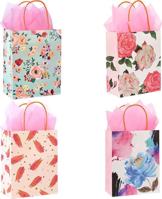 36 Pack Medium Sized Floral Gift Bags with Pink Tissue Paper for Baby Showers, Bridal Showers, Weddings, Mother's Day, Valentines, Birthday Favors, Boutiques, 10x8x4 Inch (4 Assorted Designs)