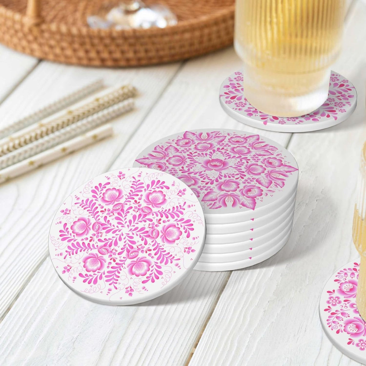 Coasters with Holder,Pink Flower Style Ceramic Drink Coaster, Absorbent Coaster Sets of 6 for Tabletop Protection,Suitable for Kinds of Cups, Wooden Table