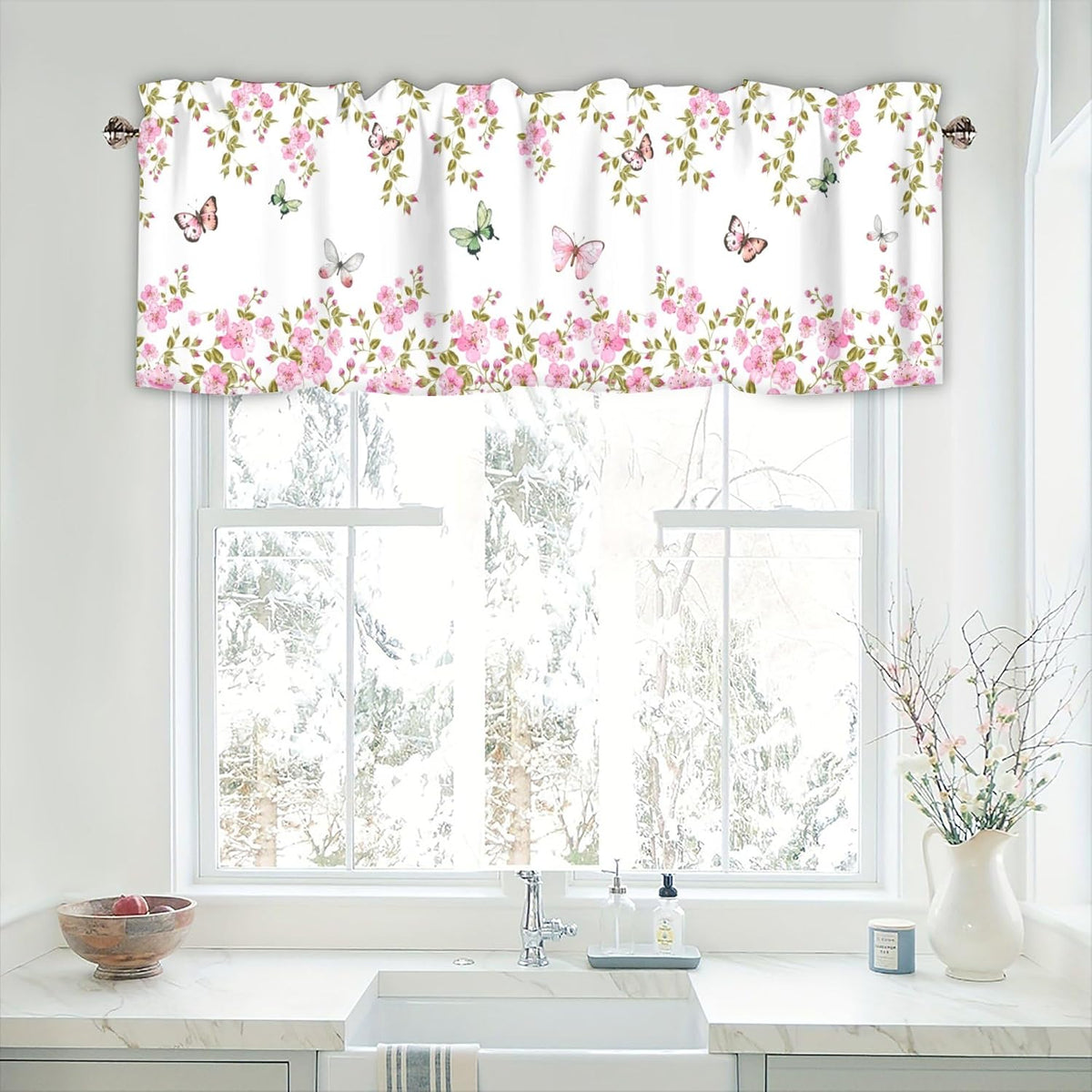 Pink Floral Curtain Valances for Windows 1 Panel, 42x12 in