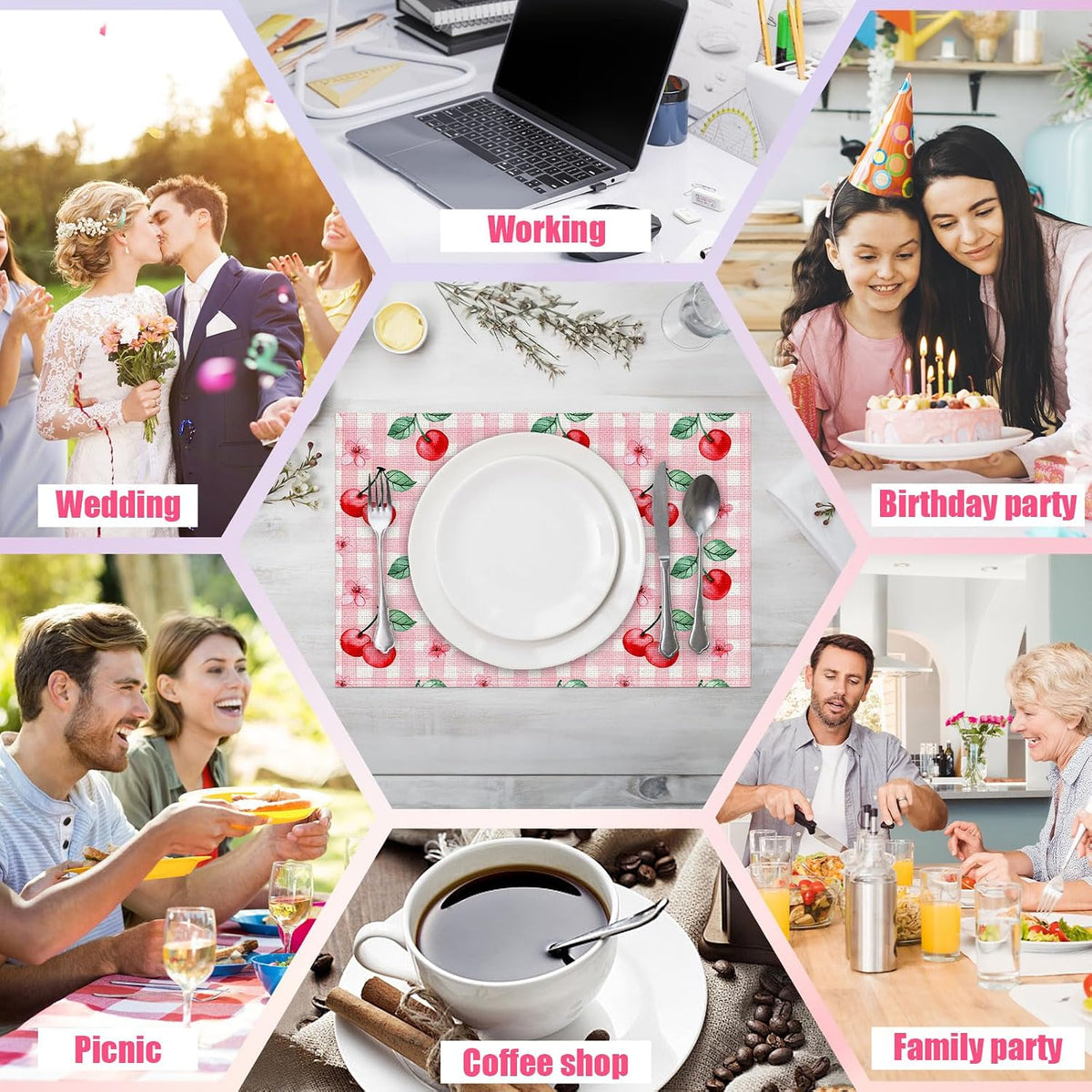 Pink Cherry Spring Flower Placemats Set of 6,12x18 Inch Linen Place Mat Washable Stain Resistant Table Mats for Spring Summer Seasonal Farmhouse Kitchen Party Home Decor