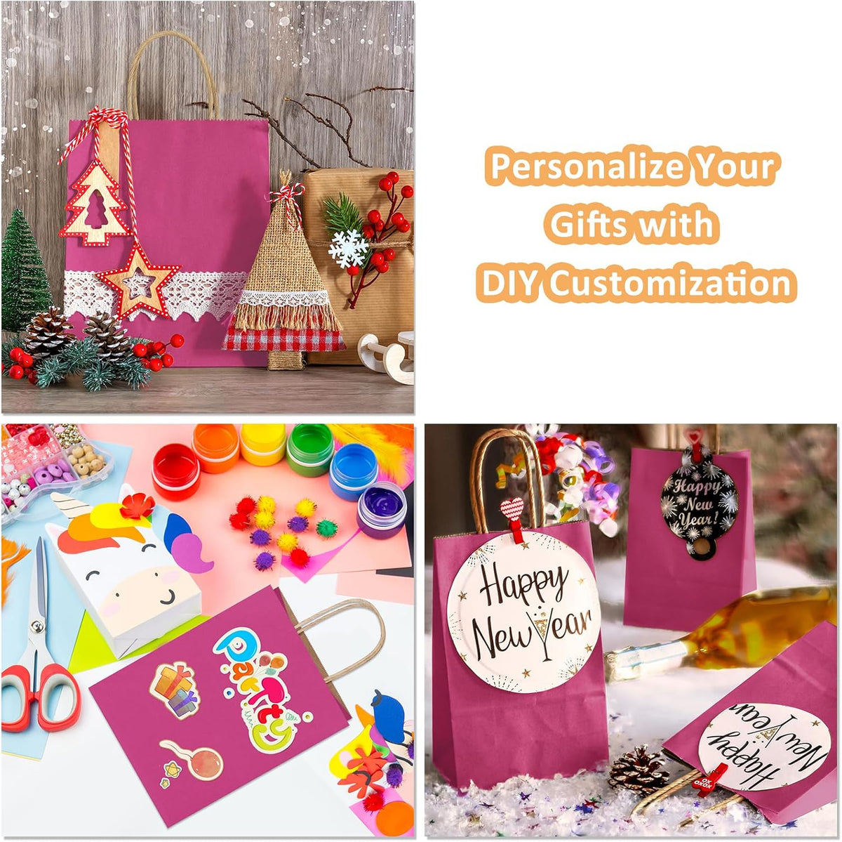 Medium Gift Bags with Handles 8x4.25x10.5 Inch Pink 100 Pack Bulk