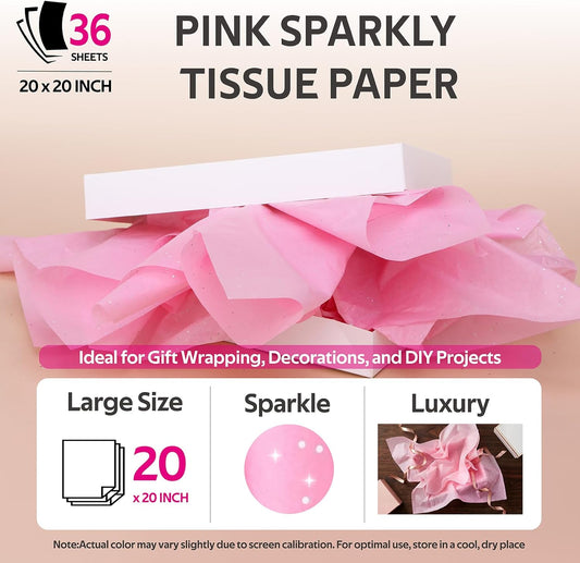 36 Sheets Glitter Pink Tissue Paper for Gift Bags – 20 x 20 inch Sparkling Wrapping Tissue for Crafts & Party Packaging