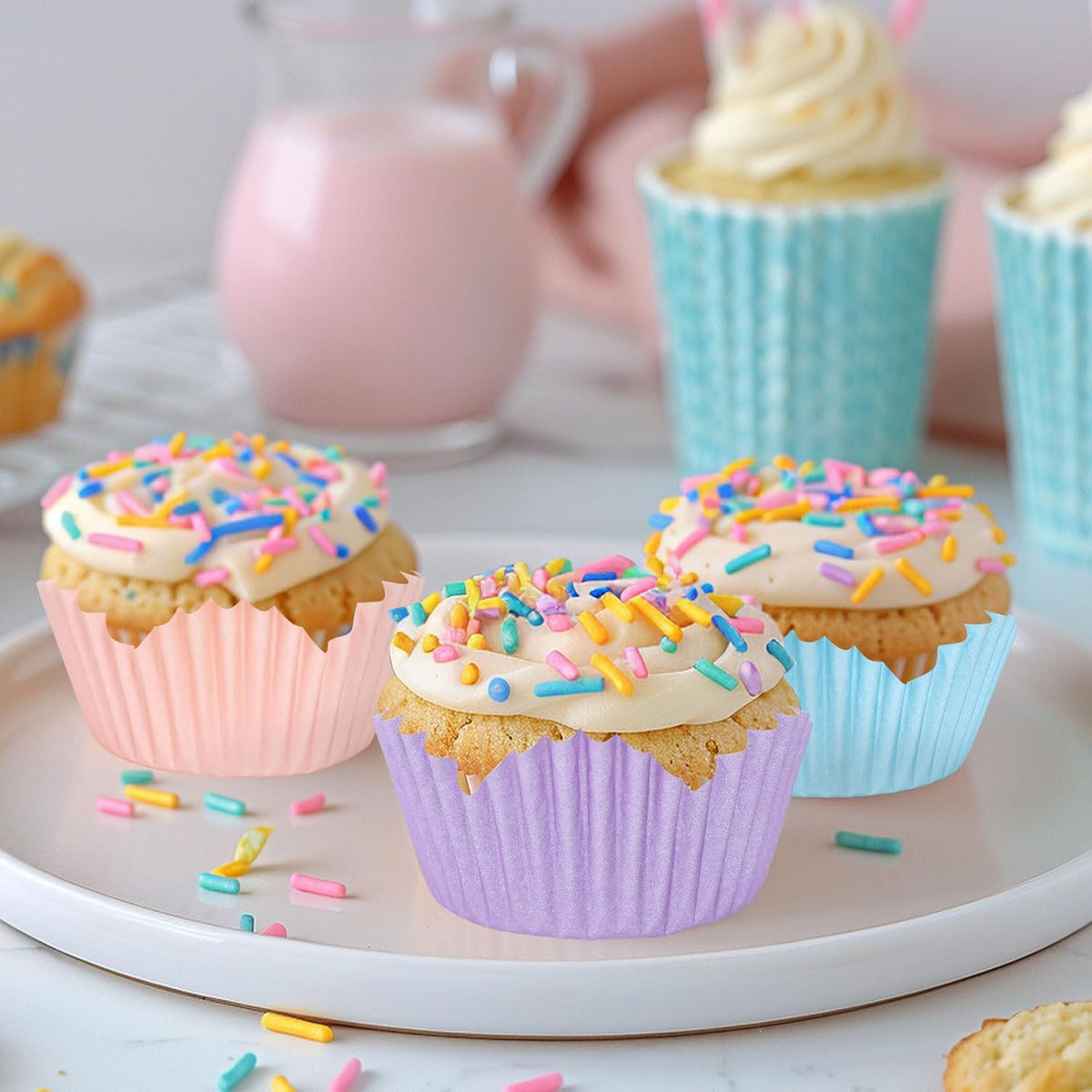 300Pcs Spring Summer Flower Cupcake Liners Pastel Colorful Floral Baking Cups Pink Purple Blue Yellow Muffin Cupcake Wrappers for Easter Bridal Baby Shower Wedding Birthday Party Supplies