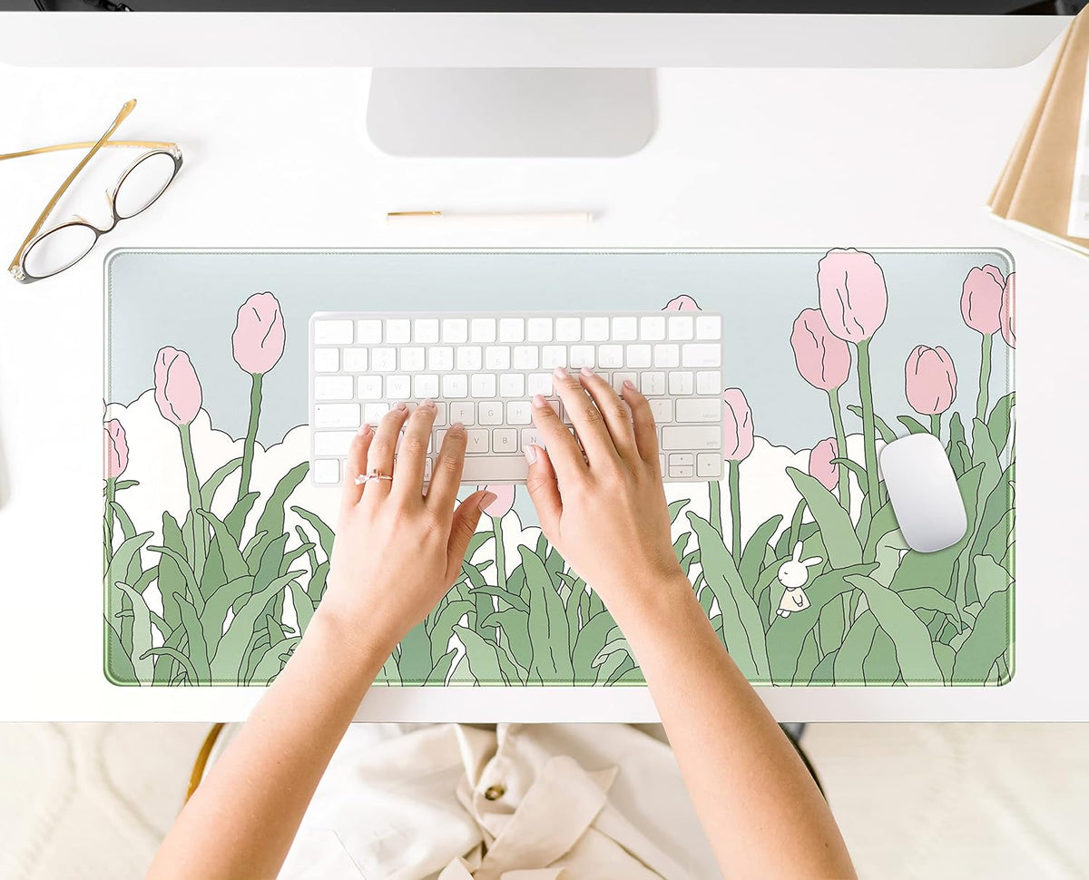 WatercolorTulip Flower Mouse Pads,Extended Gaming Mousepad XXL Kawaii Anime Desk Mat Pink Green Large Full Desk Mouse Pad for Wireless Mouse Keyboard Mat with Stitched Edges 31.5" x15.75