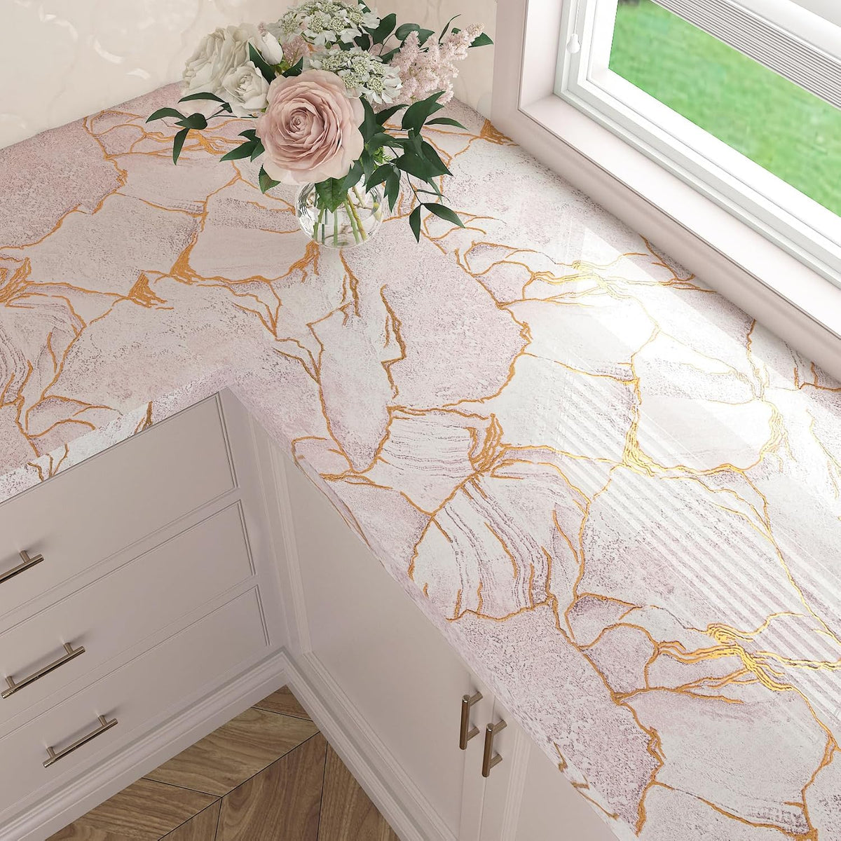 Gold Pink Marble Countertop Contact Paper Waterproof Marble Contact Paper for Countertops Cabinets Self Adhesive Marble Wallpaper Peel and Stick Countertops for Kitchen Bathroom Desk 16"x80"