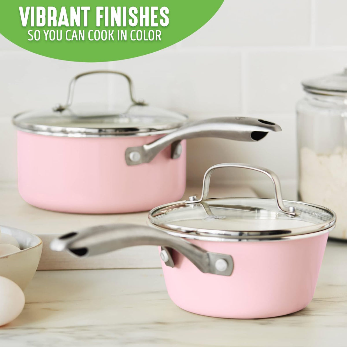 Artisan Healthy Ceramic Nonstick, 1QT and 2QT Saucepan Pot Set with Lids, Stainless Steel Handle, Induction, PFAS-Free, Dishwasher Safe, Oven Safe, Pink