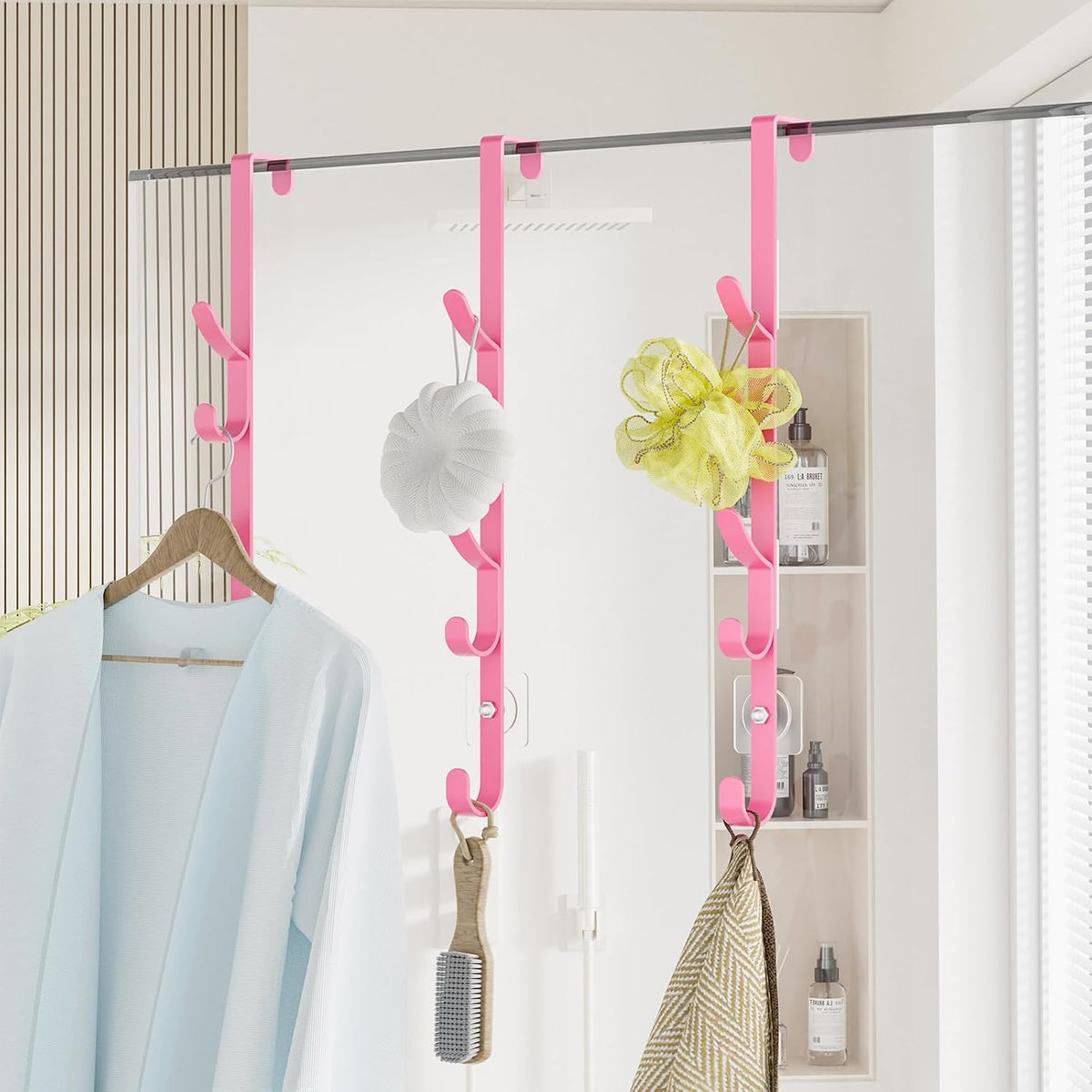 Over the Door Hooks, Metal Door Hooks for Hanging, Over the Door Purse Organizer for Coat Hanger, Back of Shower Door for Hanging Towel Rack Clothes, Hat, Bathroom, Closet (Pink-3Packs)