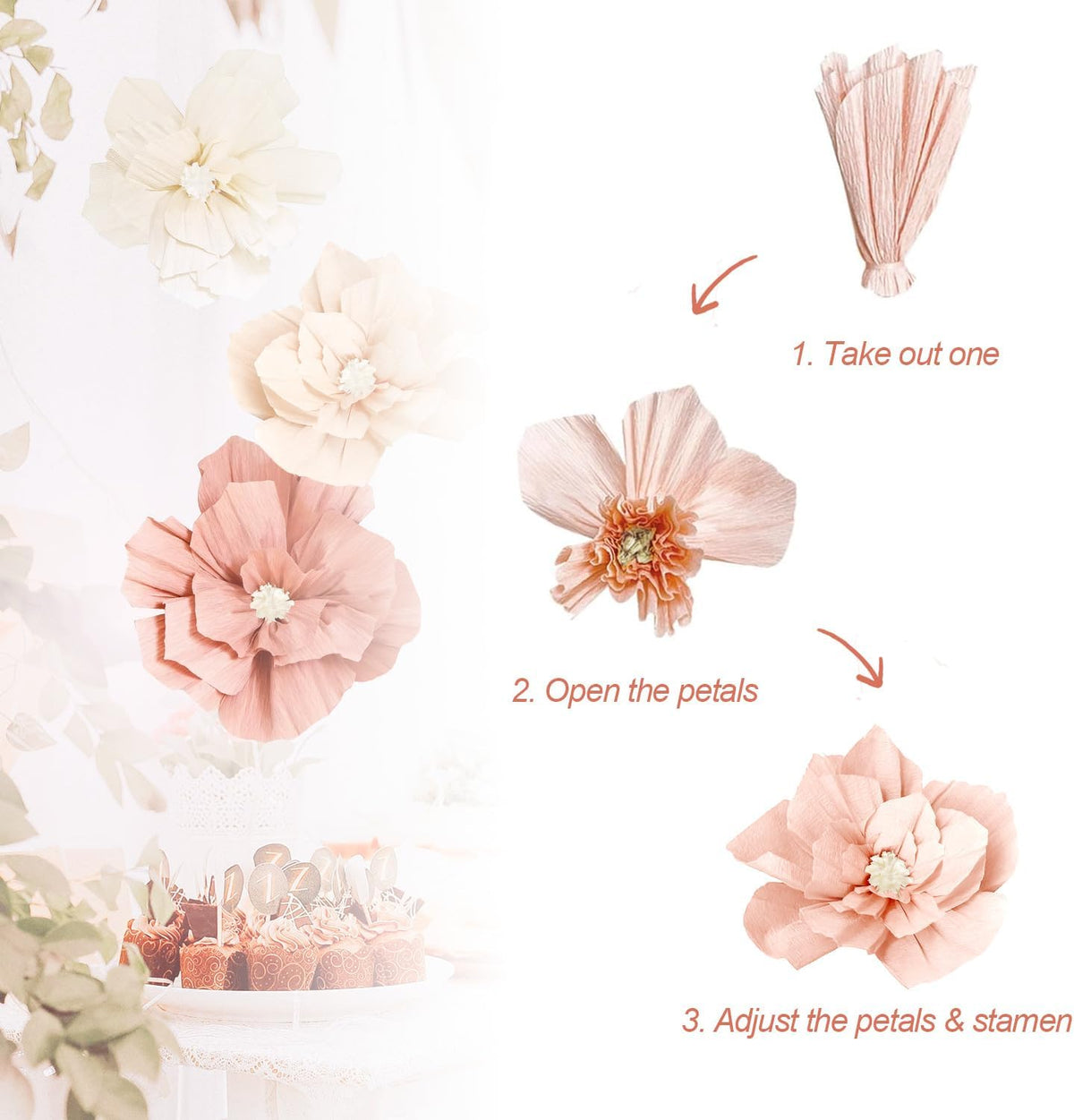 Beige Sweet Peach Paper Flowers Boho Party Decorations Artificial 3D Wall Décor Birthday Baby Shower Wedding Bridal Bachelorette Peach Beige Room Backdrop Centerpieces Girls Women Party