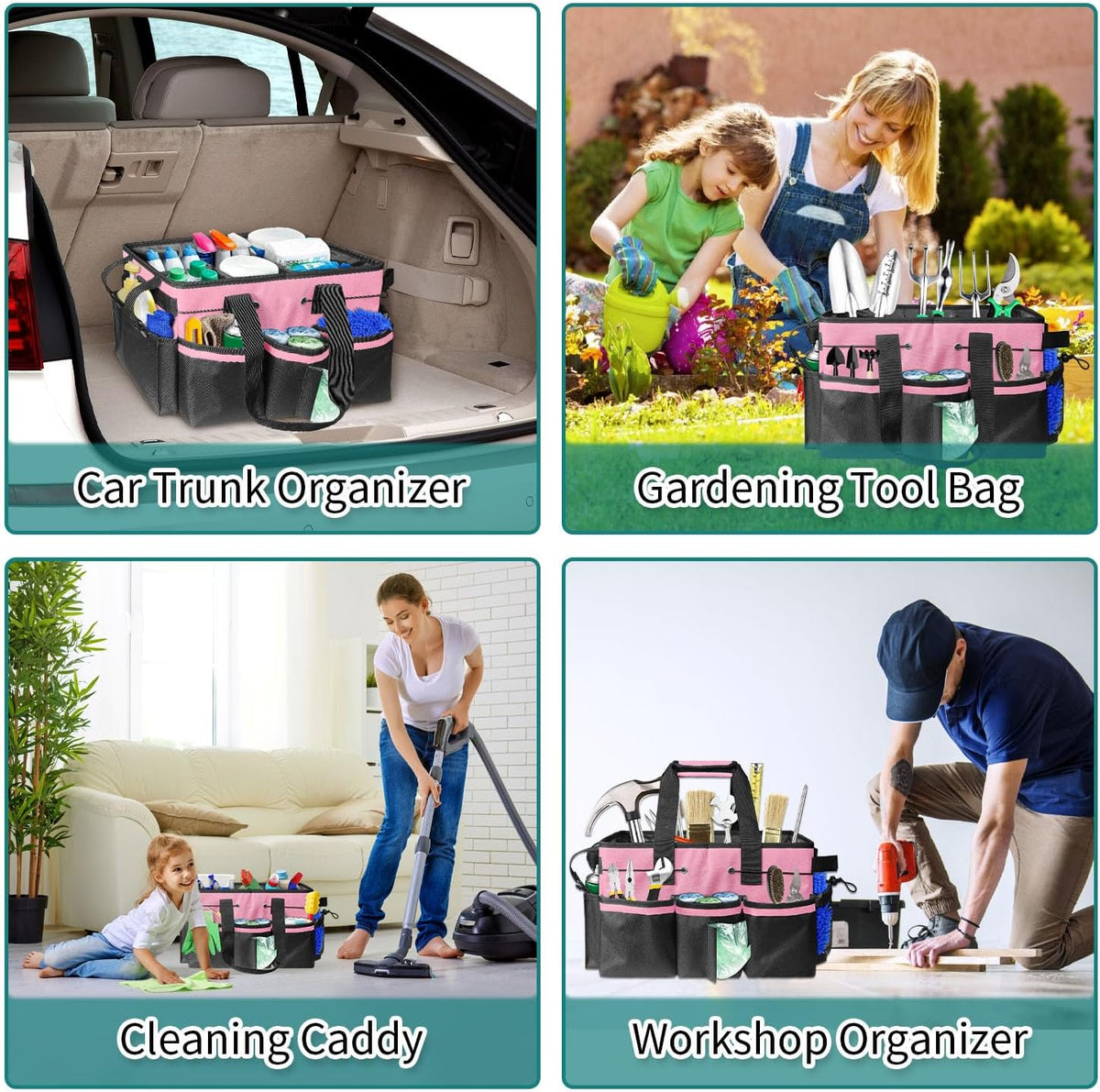 Cleaning Bags for Housekeepers, Large Cleaning Supplies Organizer with Handles & Shoulder Strap, Cleaning Caddy Bag with Foldable Divider for Cleaners, Car Horse Cleaning Bag(Pink)