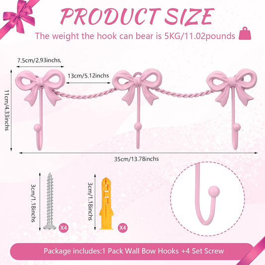 Pink Bow Hooks Bow Wall Hook, 3 Bow Knot Coat Hooks Metal Bowknot Towel Hooks Door Hanger Holder for Wedding Bathroom Bags Coats Hats Coffee Mugs Room Kitchen Decorations (Pink-A)