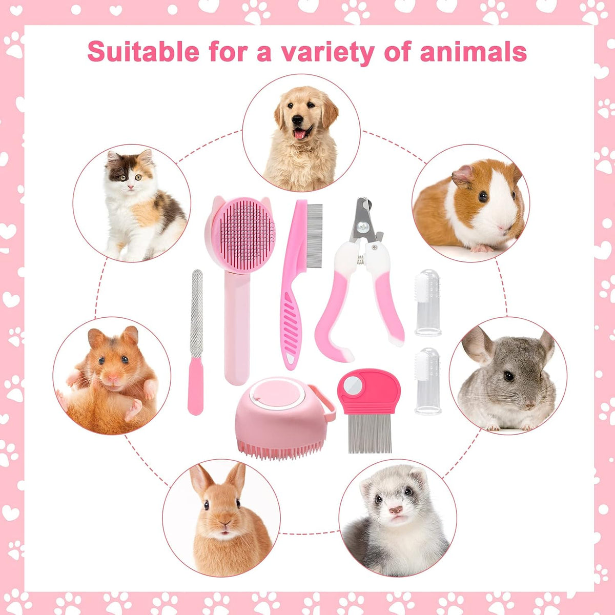 8 Pcs Cat Brush Grooming Kits, Pet Self Cleaning Kit with Pet Nail Clipper and File, Flea Comb, Pet Shampoo Bath Brush, Pet Shedding Brush, Silicone Toothbrush (Pink)
