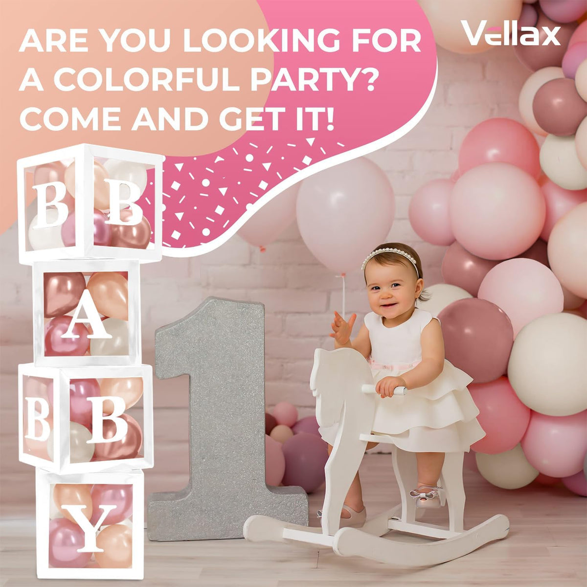 44-Pc Baby Shower Boxes & Balloons, Gender Reveal - Dusty Pink, Sand & Nude