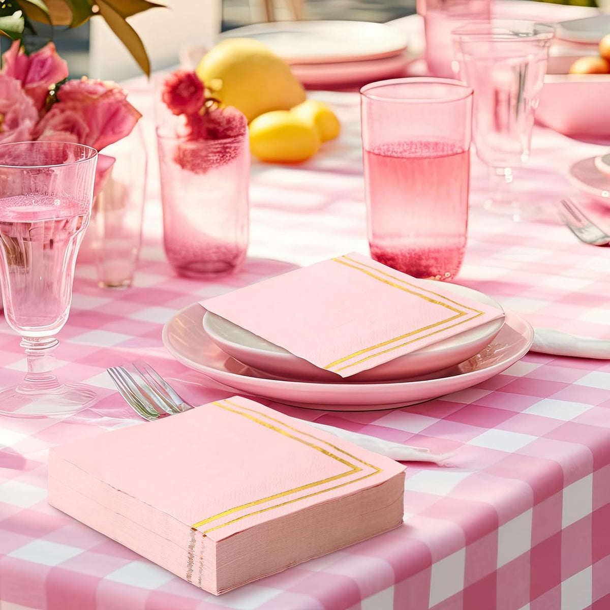 200 Pcs Pink Mix Cocktail Napkins with Gold Foil Accents, Folded 5 x 5 Inches Disposable Bar Paper Napkin Beverage Party Napkins for Wedding Baby Shower Dinner Birthday Party Supplies