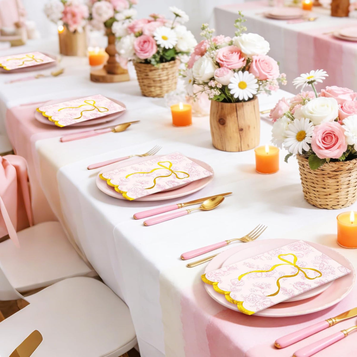 40Pcs Pink Floral Bow Guest Napkin Disposable Paper Napkins Scalloped Gold Foil Bow Dinner Hand Napkins for Mother's Day Coquette Birthday Wedding Party Supplies Table Decor