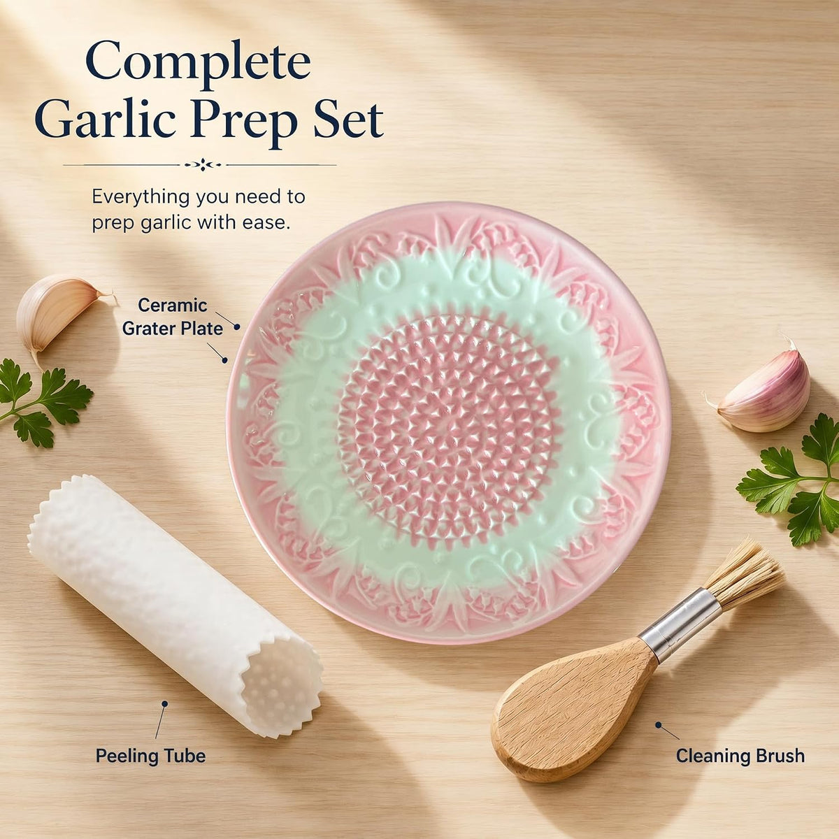 Handcrafted Ceramic Garlic Grater Plate 4-Pc Set, 5.12" Handmade Porcelain Grinding Dish with Wooden Boar Bristle Brush & Textured Silicone Peeler, Blush Pink Embossed Lily