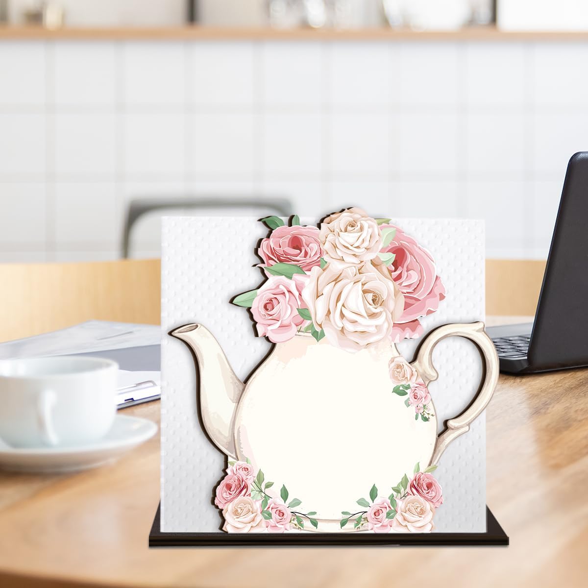 Teapot Wooden Napkin Holder, Pink Rose Floral Teapot Tissue Dispenser, Rustic Tea Party Decor for Table Kitchen Dining Room Home