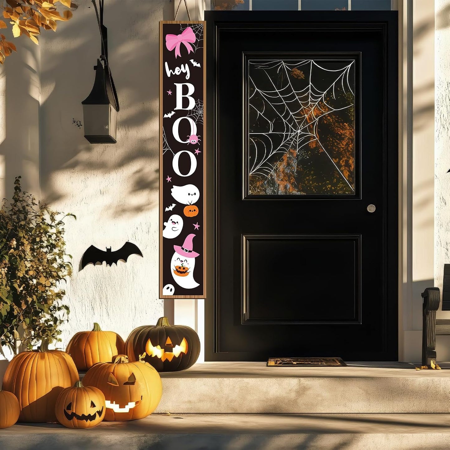 Halloween Porch Sign Pink Bow Halloween Welcome Sign Boo Wooden Rustic Tall Front Porch Decor for Standing Outdoor Farmhouse Garden Decorations, 47 x 8 Inch
