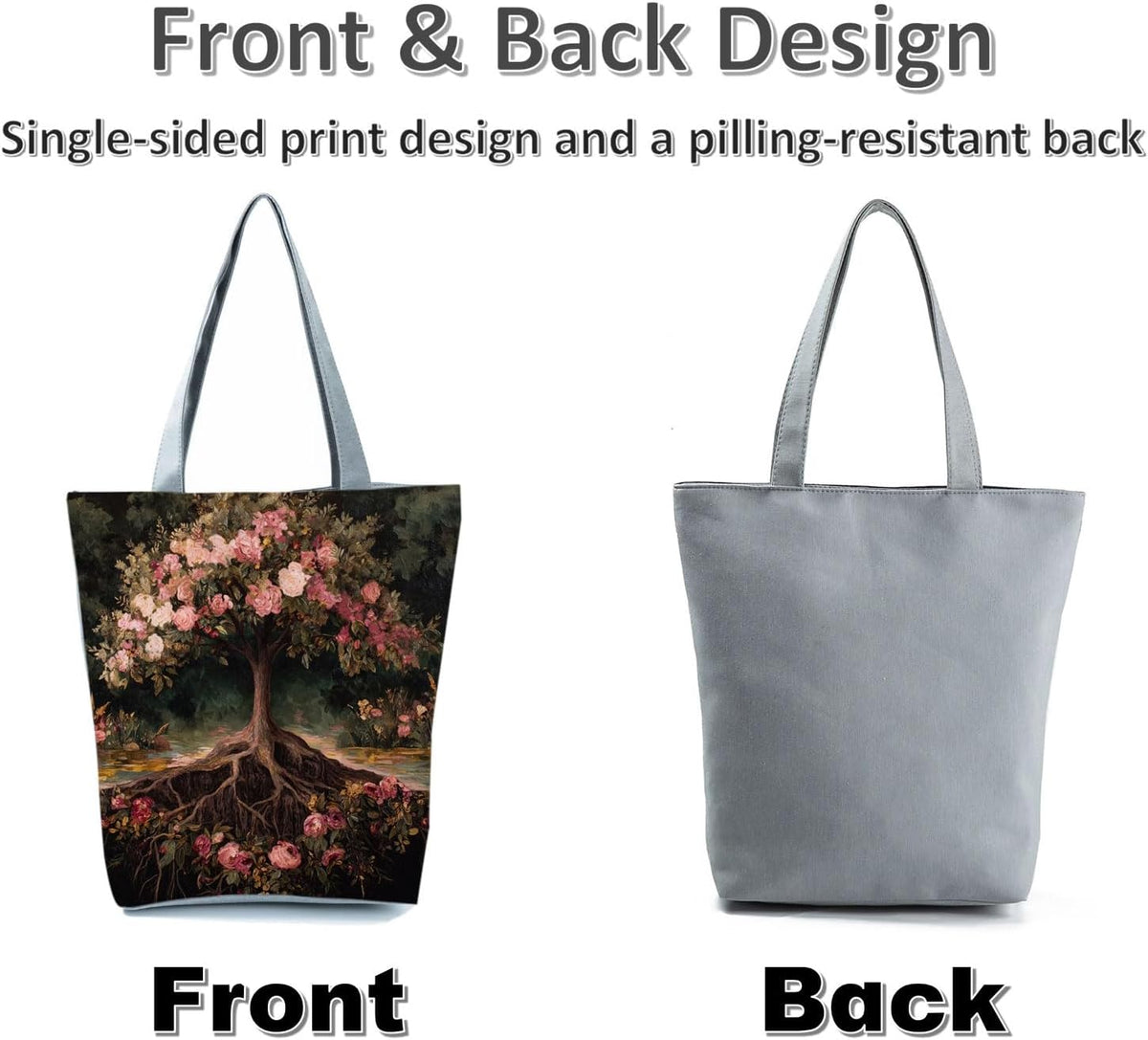 Mystical Rose Tree Tote Bag Pink Peach Roses with Tree of Life Print Handbag Zipper Closure Shoulder Bag for Fantasy Lovers Gifts Birthday Present Casual Everyday Tote