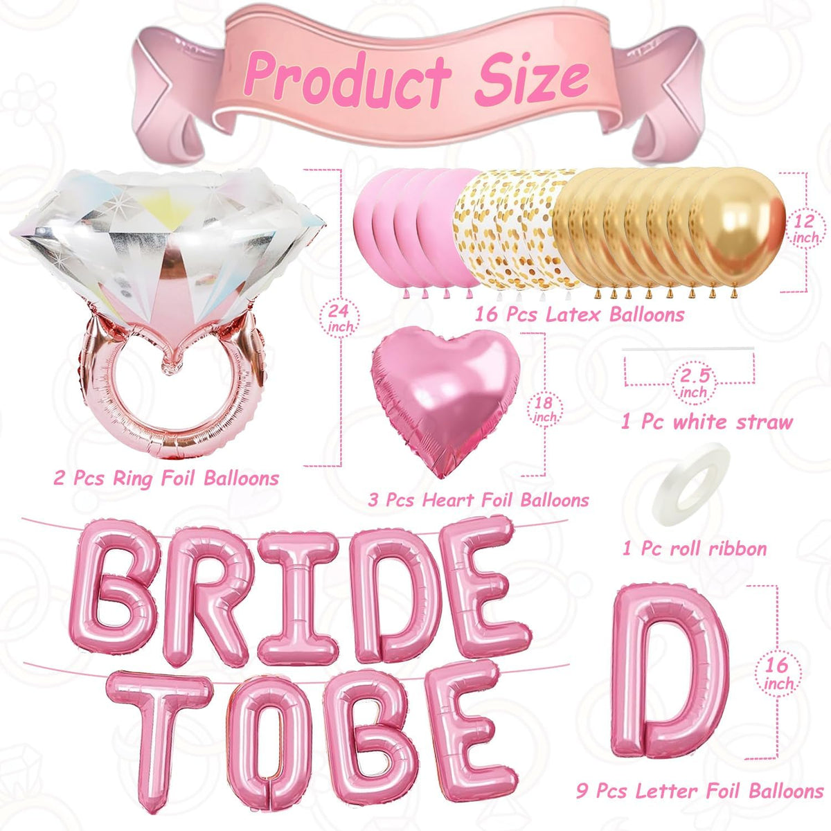 Pensar 30Pcs Bachelorette Party Decorations, Bride-to-Be Banner Balloon, Pink Gold and Confetti Balloons with Diamond Ring Pink Heart Balloons for Bridal Shower Decorations