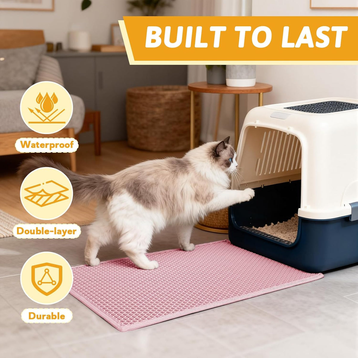Cat Litter Mat, Double-Layer Waterproof Litter Trap, 24" x 15" Pink