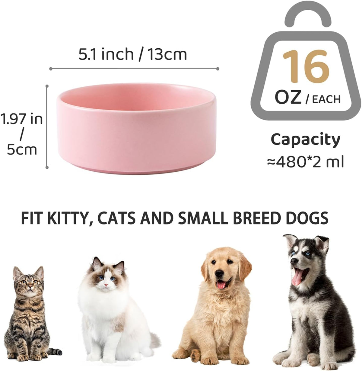 Ceramic Set of 2 Dog and Cat Bowls - Classic Food & Water Bowl for Kitty, Cats and Toy Breed Dogs, Weighted Dog Dishes, Food Grade Pet Bowl, Dishwasher & Microwave Safe (5.1'', 2*16OZ, Pink)